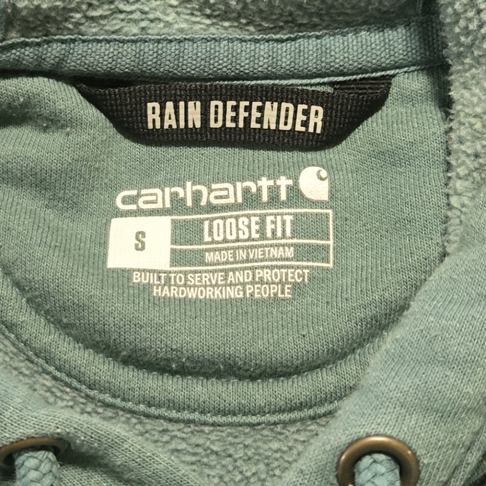 Carhartt Rain Defender Mens Teal Hoodie with Logo Hooded Sweatshirt Size Small - Picture 3 of 6